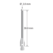 M3 stylus with 2.0 mm diameter zirconia ball, 1.5 mm diameter carbide stem, and 4.0 mm diameter x 7.0 mm long stainless steel base. Stylus length to ball center is 30.0 mm. Stylus weight is 1.18 grams.