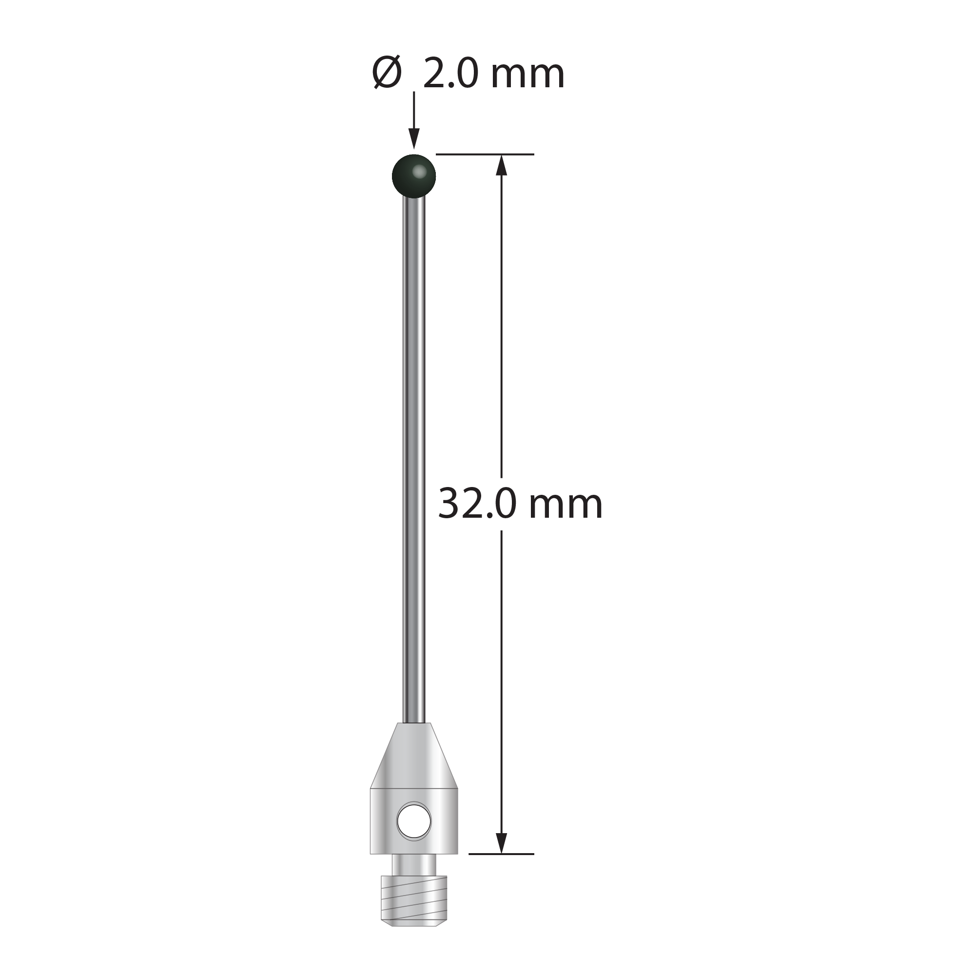 M3 stylus with 2.0 mm diameter silicon nitride ball, 1.0 mm diameter carbide stem, and 4.0 mm diameter by 6.0 mm long stainless steel base. Overall stylus length is 32.0 mm. Stylus weight is 0.74 gram. Compare to Zeiss 626123-0245-032.
