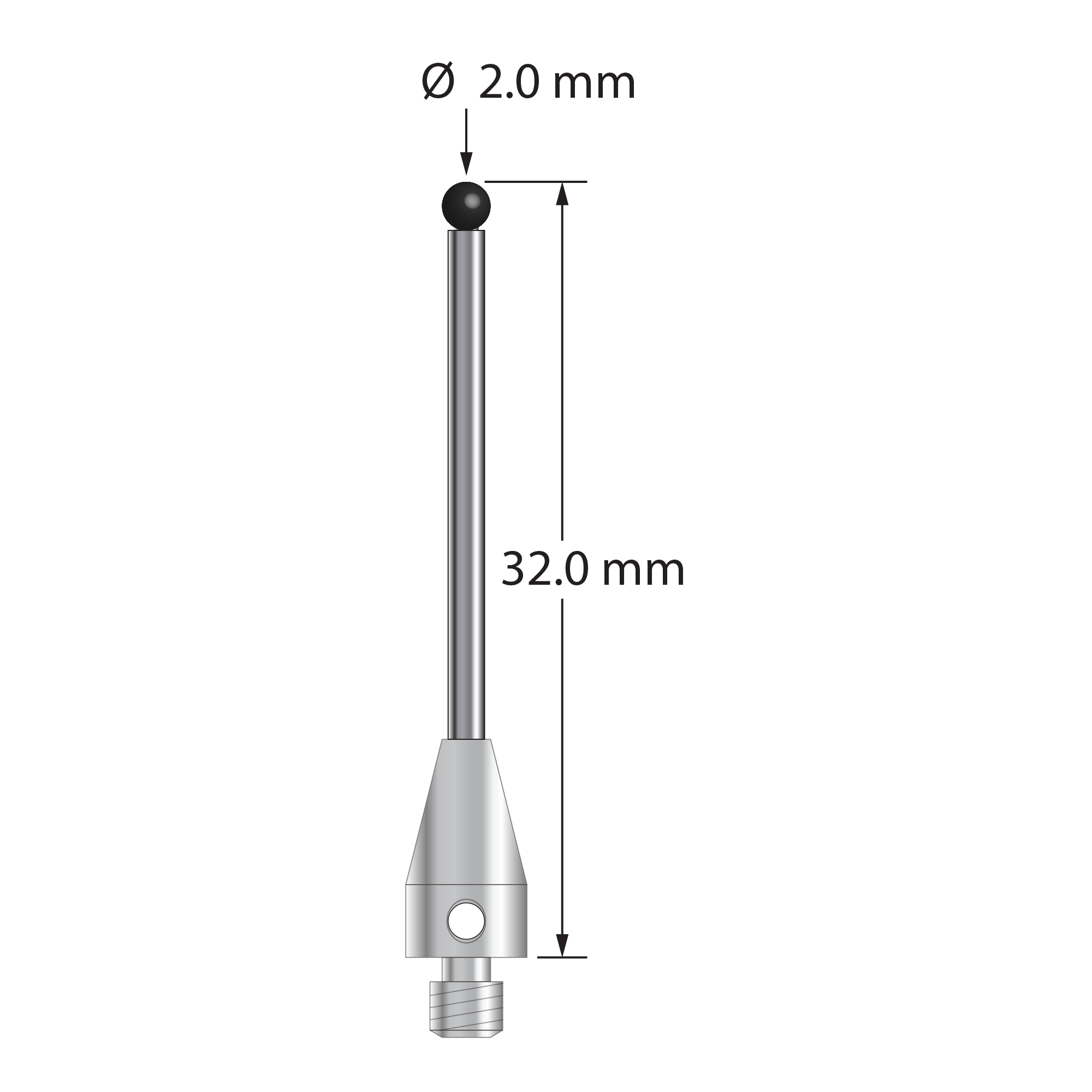 TM3-2032-TX-SN M3 stylus with 2.0mm silicon nitride ball, carbide stem, titanium base, 32mm long.