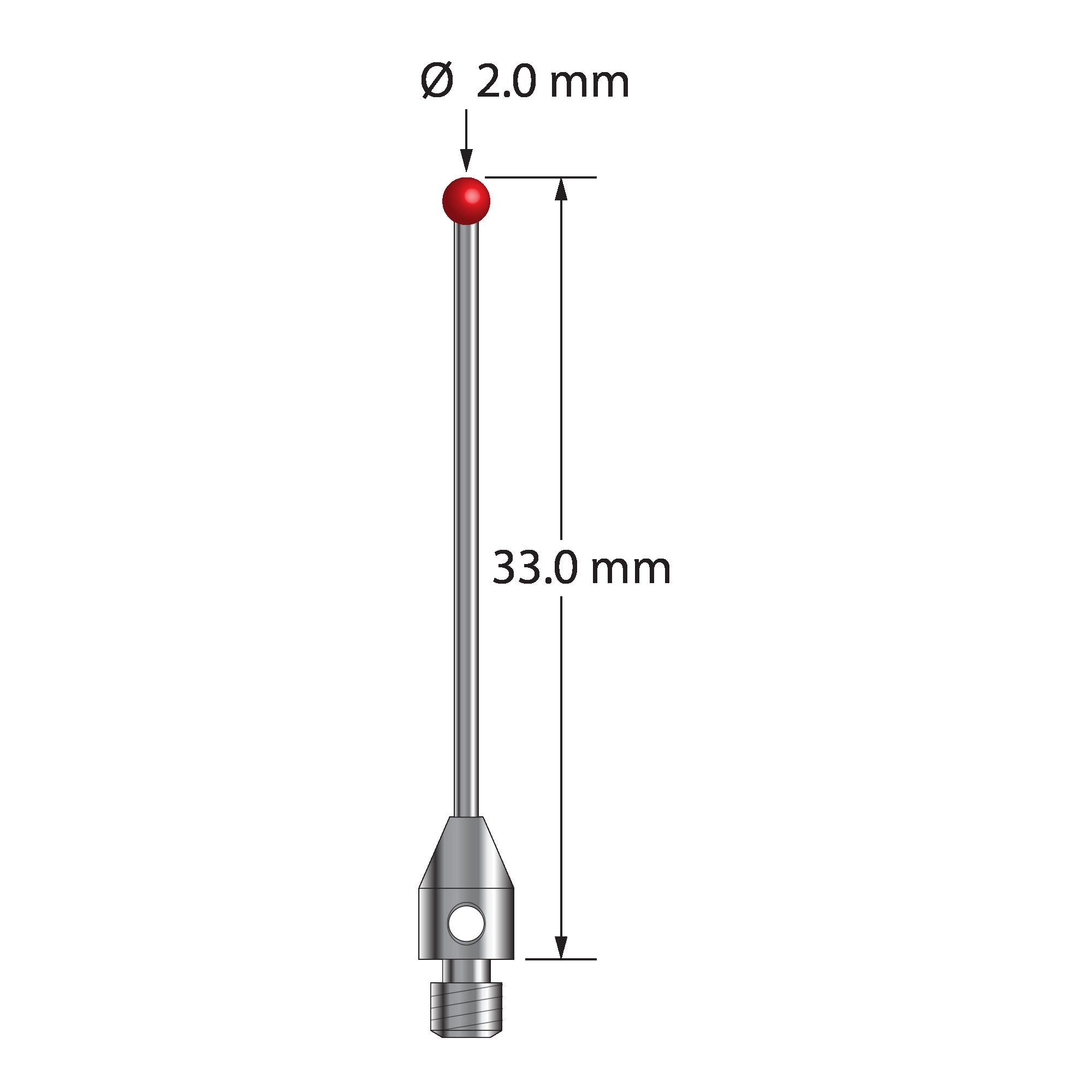 TM3-2033-DS1 M3 stylus with 2.0mm ruby ball, carbide stem, and stainless steel base, 33.0mm long by Q-Mark Manufacturing, Inc.