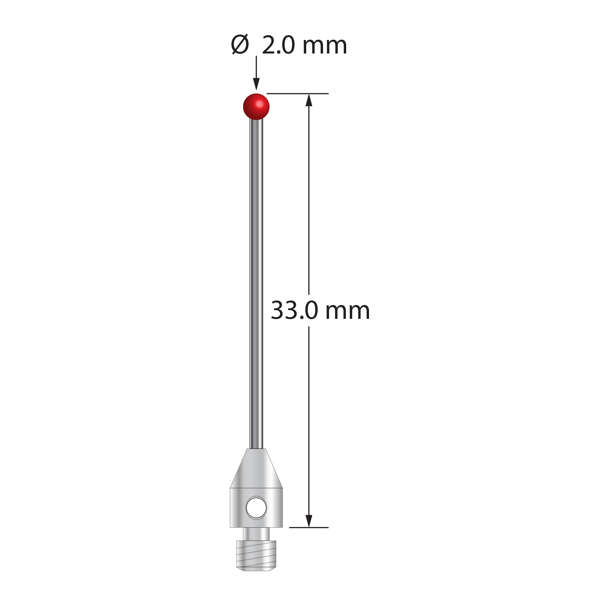 M3 stylus with 2.0 mm diameter ruby ball, 1.0 mm diameter carbide stem, and 4.0 mm diameter by 6.0 mm long stainless steel base. Overall stylus length is 33.0 mm. Stylus weight is 0.75 gram. Compare to Zeiss 626123-0244-033.