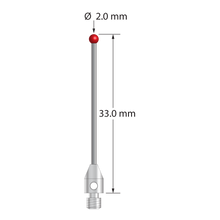 M3 stylus with 2.0 mm diameter ruby ball, 1.0 mm diameter carbide stem, and 4.0 mm diameter by 6.0 mm long stainless steel base. Overall stylus length is 33.0 mm. Stylus weight is 0.75 gram. Compare to Zeiss 626123-0244-033.