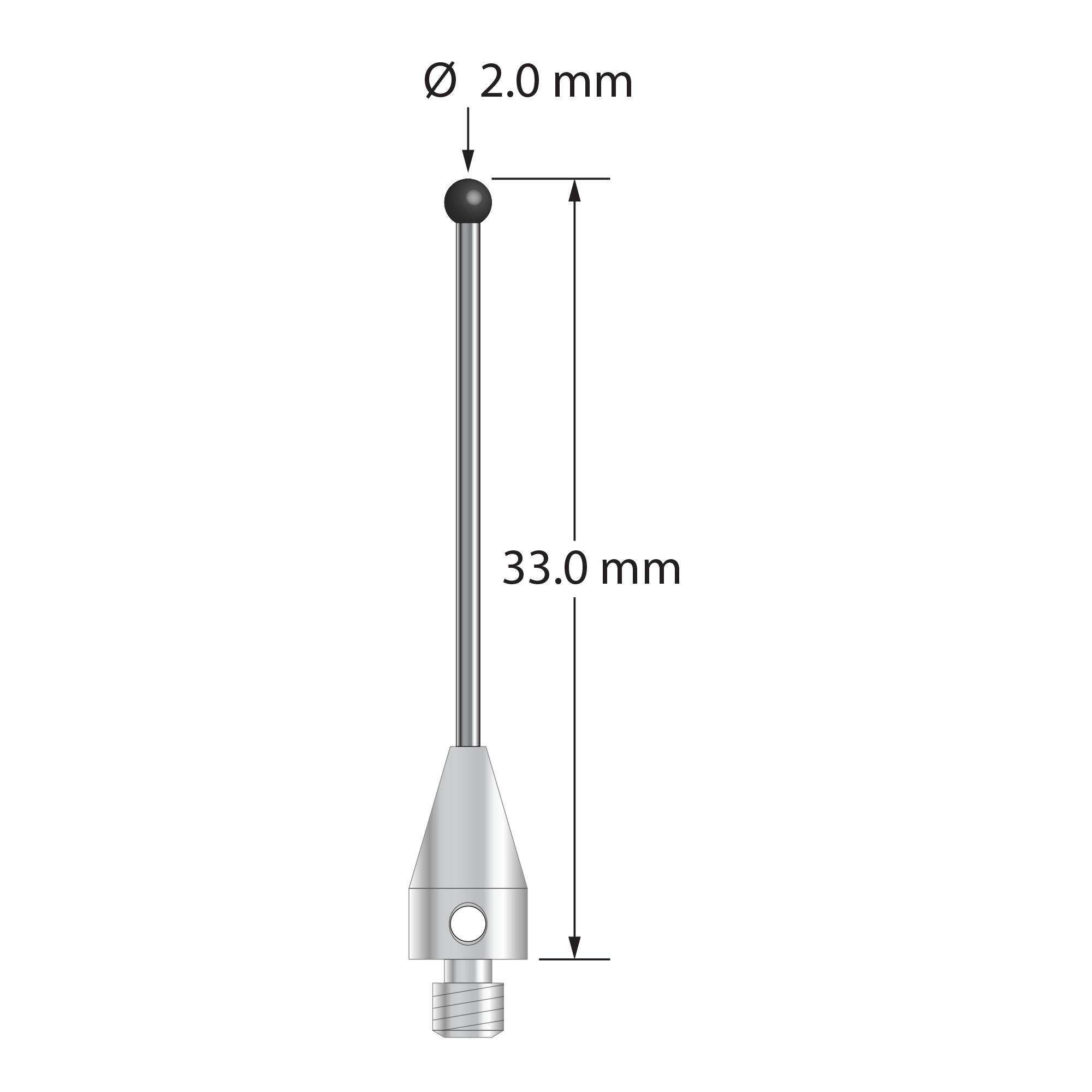 TM3-2033-TX-DS1-SN M3 stylus, 2.0mm silicon nitride ball, carbide stem, titanium base, 33mm long by Q-Mark Manufacturing, Inc.