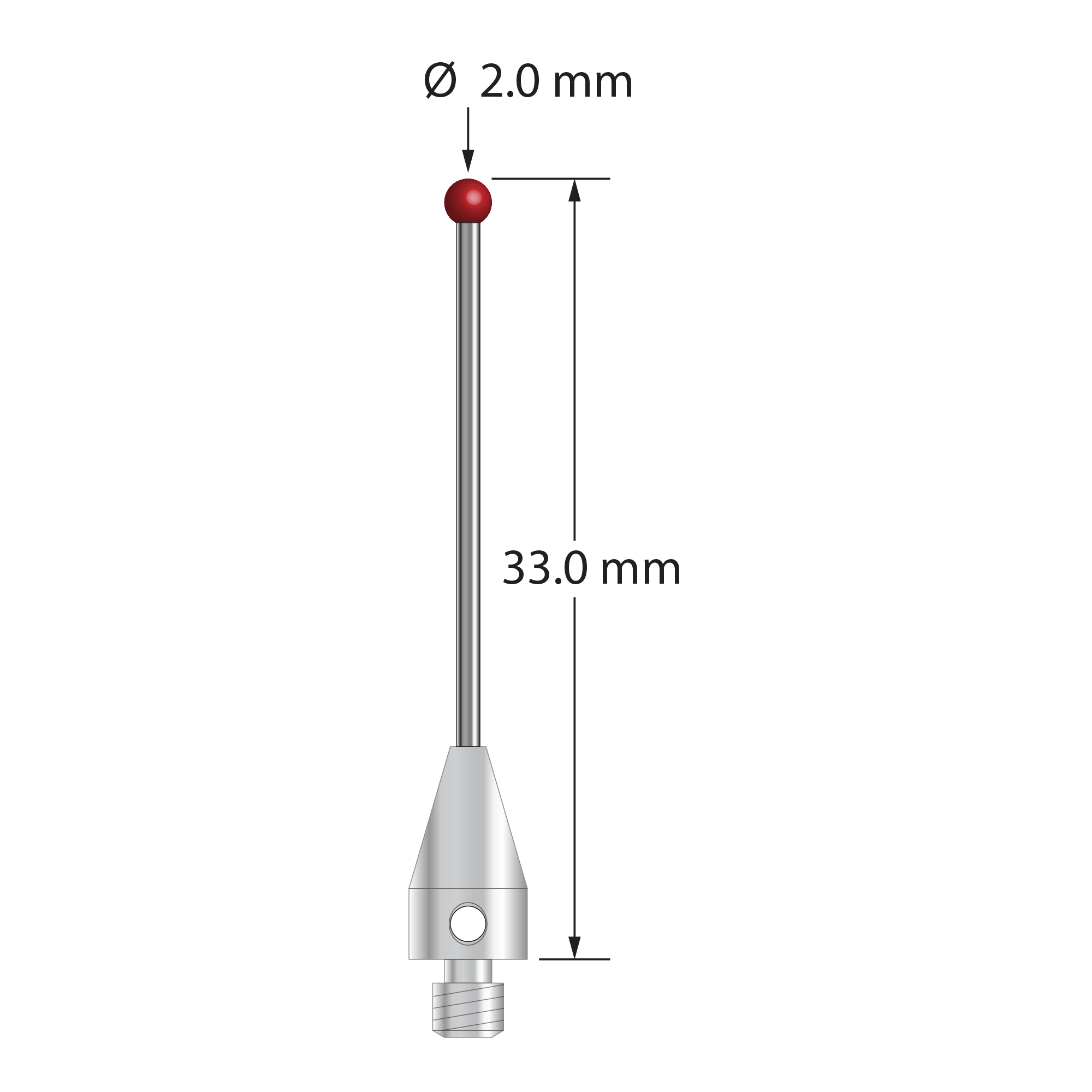 TM3-2033-TX-DS1 M3 stylus with 2.0mm ruby ball, carbide stem, and titanium base, 33.0mm long by Q-Mark Manufacturing, Inc.