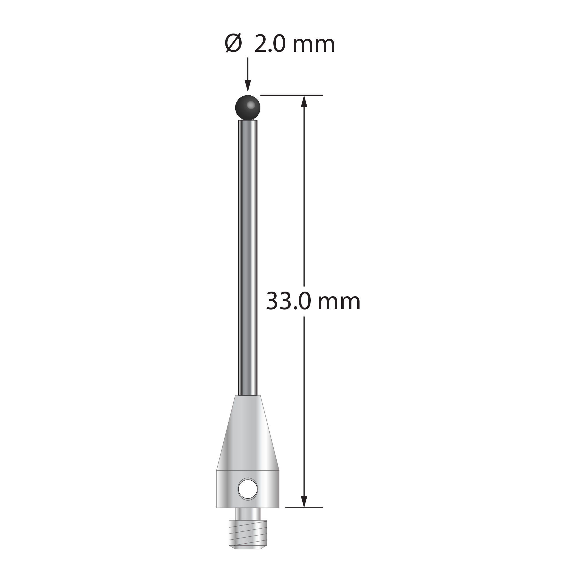 TM3-2033-TX-SN M3 stylus with 2.0mm silicon nitride ball, carbide stem, and titanium base, 35.0mm long.