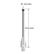 TM3-2033-TX-SN M3 stylus with 2.0mm silicon nitride ball, carbide stem, and titanium base, 35.0mm long.