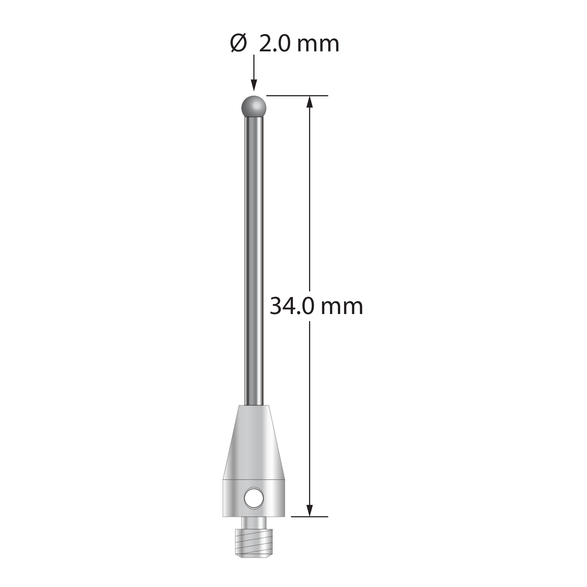 M3 XXT stylus with 2.0 mm diameter solid diamond sphere, 1.5 mm diameter carbide stem, and 5.0 mm diameter x 9.0 mm long titanium base. Overall stylus length is 34.0 mm. Stylus weight is 1.11 gram. Compare to Zeiss 626113-0209-034.