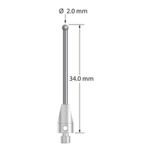 M3 XXT stylus with 2.0 mm diameter solid diamond sphere, 1.5 mm diameter carbide stem, and 5.0 mm diameter x 9.0 mm long titanium base. Overall stylus length is 34.0 mm. Stylus weight is 1.11 gram. Compare to Zeiss 626113-0209-034.