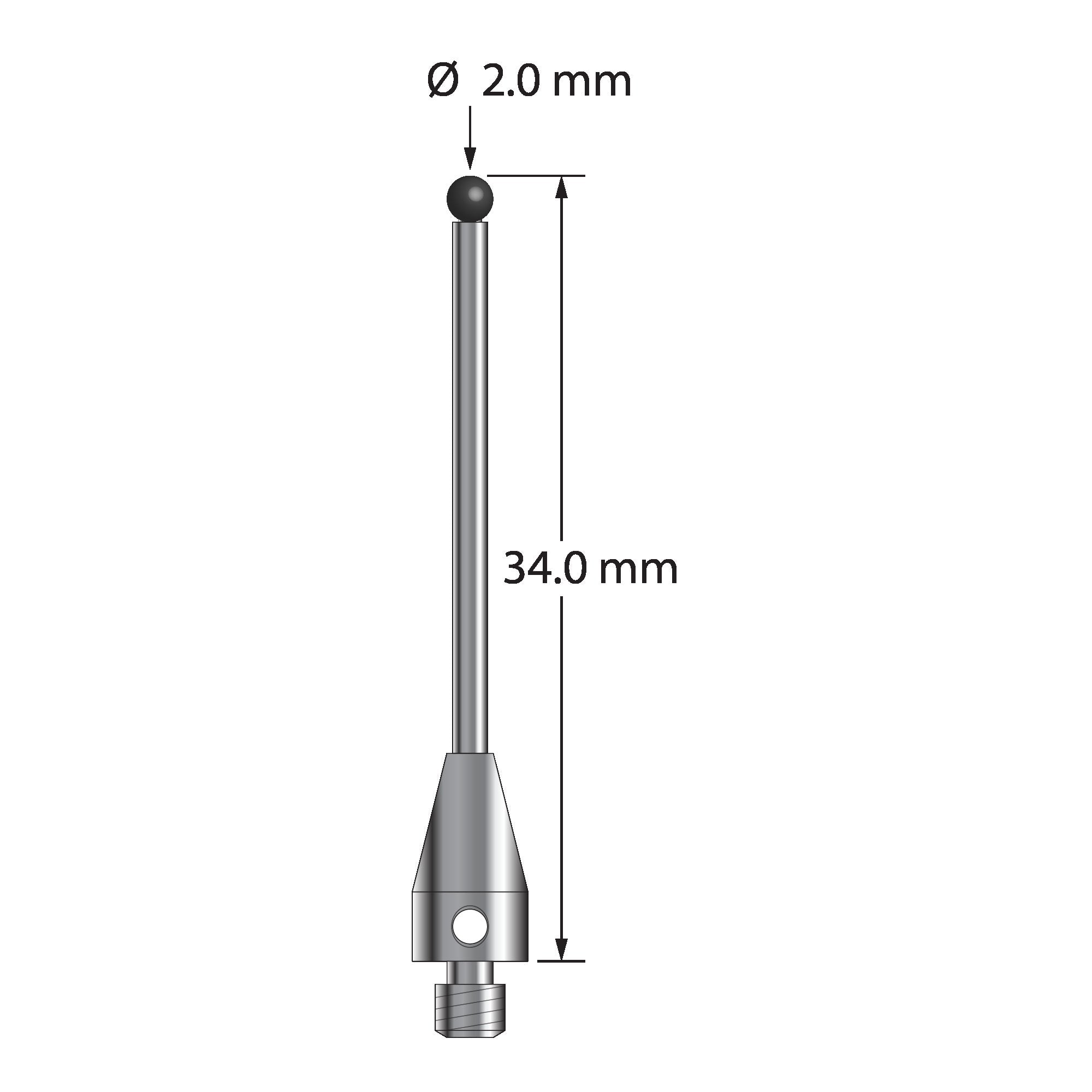 TM3-2034-TX-SN M3 2.0mm silicon nitride ball stylus with carbide stem and titanium base, 34mm long.