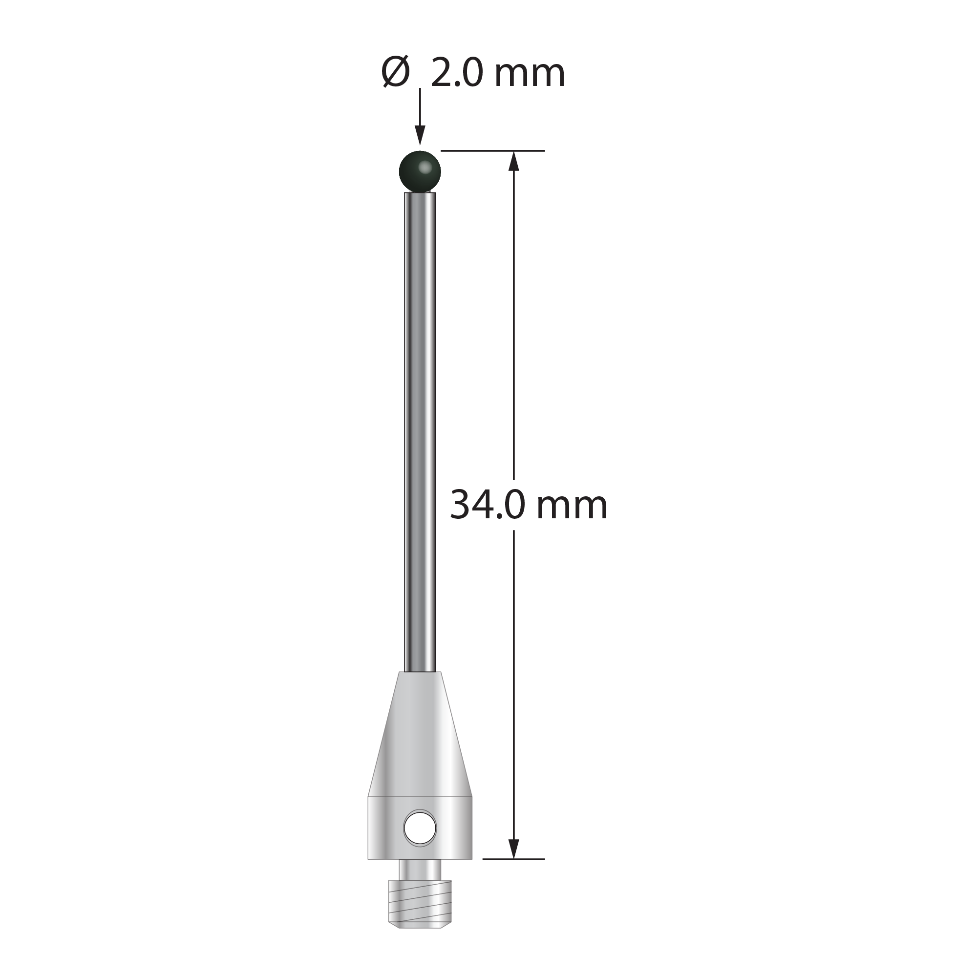 M3 XXT stylus with 2.0 mm diameter silicon nitride ball, 1.5 mm diameter carbide stem, and 5.0 mm diameter x 9.0 mm long titanium base. Overall stylus length is 34.0 mm. Stylus weight is 0.85 gram. Compare to Zeiss 626103-0255-034.