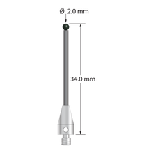 M3 XXT stylus with 2.0 mm diameter silicon nitride ball, 1.5 mm diameter carbide stem, and 5.0 mm diameter x 9.0 mm long titanium base. Overall stylus length is 34.0 mm. Stylus weight is 0.85 gram. Compare to Zeiss 626103-0255-034.