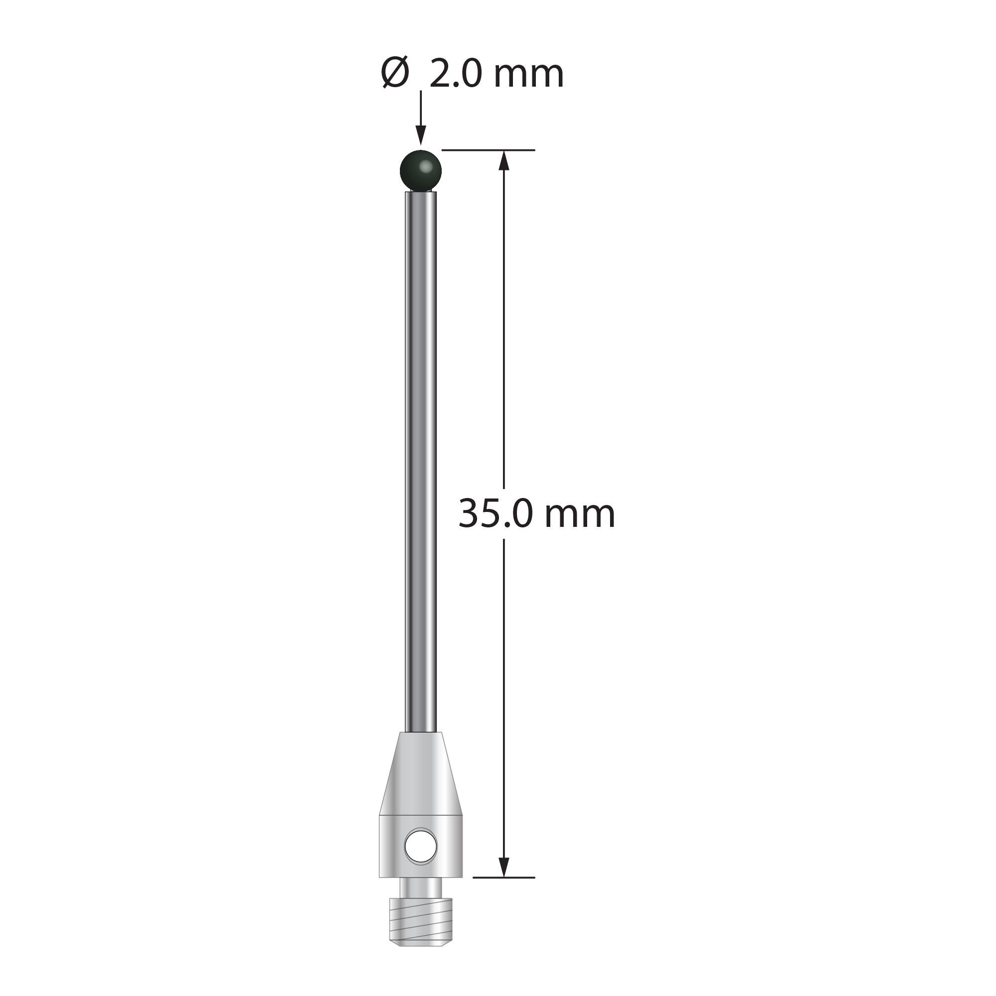 M3 stylus with 2.0 mm diameter silicon nitride ball, 1.5 mm diameter carbide stem, and 4.0 mm diameter x 7.0 mm long stainless steel base. Overall stylus length is 35.0 mm. Stylus weight is 1.29 grams.