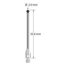M3 stylus with 2.0 mm diameter silicon nitride ball, 1.5 mm diameter carbide stem, and 4.0 mm diameter x 7.0 mm long stainless steel base. Overall stylus length is 35.0 mm. Stylus weight is 1.29 grams.
