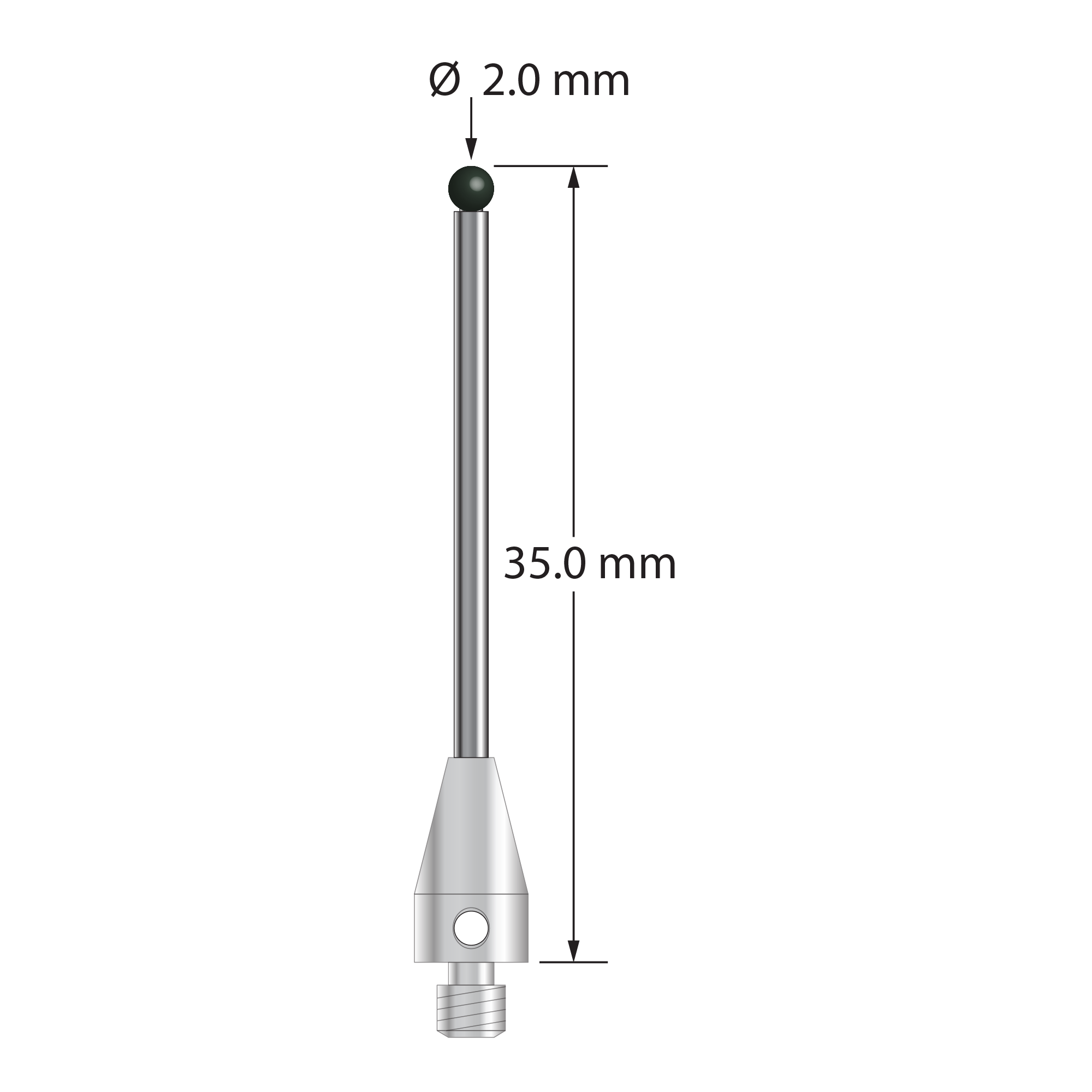 M3 XXT stylus with 2.0 mm diameter silicon nitride ball, 1.5 mm diameter carbide stem, and 5.0 mm diameter x 9.0 mm long titanium base. Overall stylus length is 35.0 mm. Stylus weight is 1.37 grams.