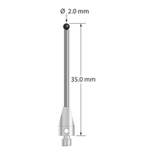 M3 XXT stylus with 2.0 mm diameter silicon nitride ball, 1.5 mm diameter carbide stem, and 5.0 mm diameter x 9.0 mm long titanium base. Overall stylus length is 35.0 mm. Stylus weight is 1.37 grams.