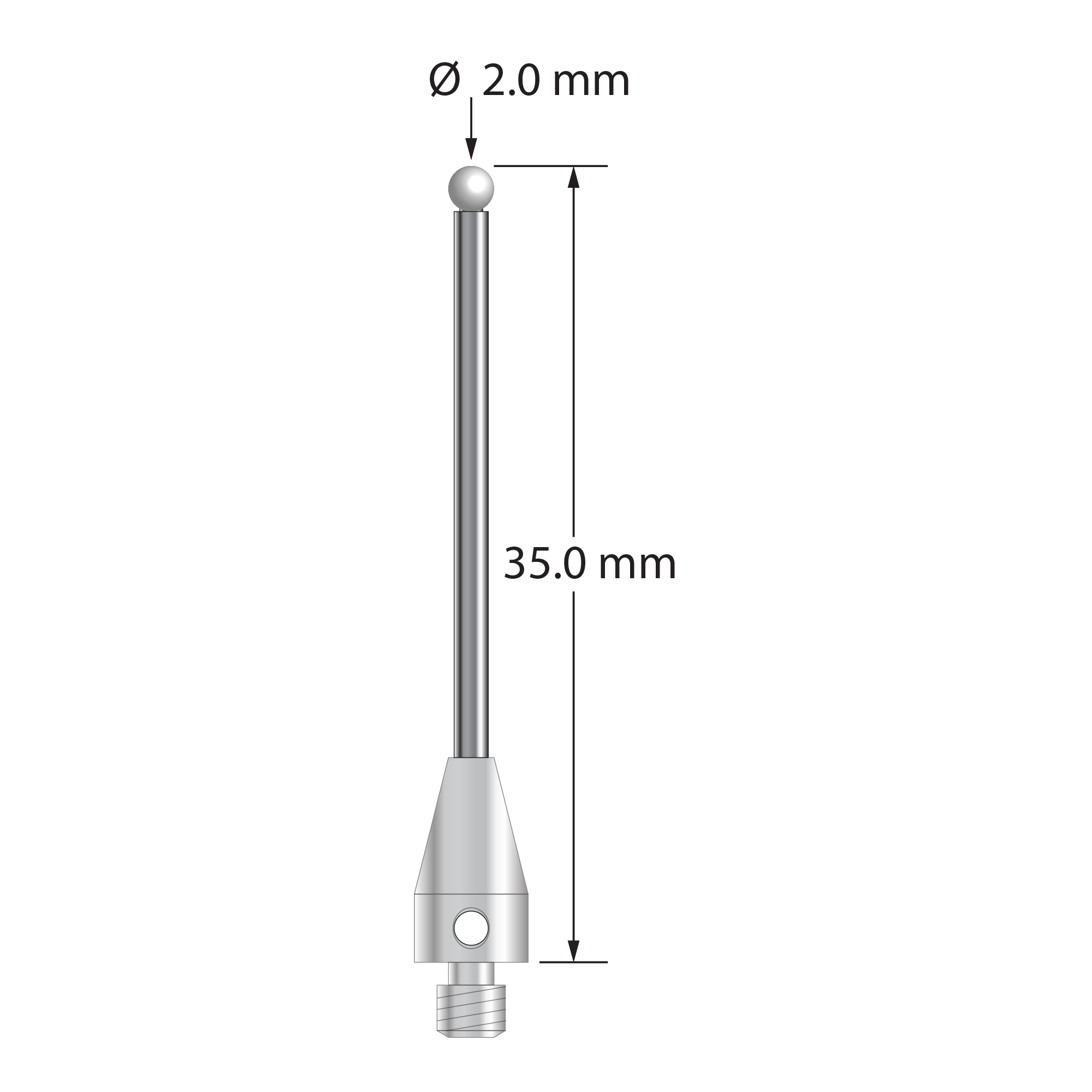 M3 XXT stylus with 2.0 mm diameter zirconia ball, 1.5 mm diameter carbide stem, and 5.0 mm diameter x 9.0 mm long titanium base. Overall stylus length is 35.0 mm. Stylus weight is 1.37 grams.