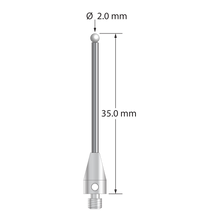 M3 XXT stylus with 2.0 mm diameter zirconia ball, 1.5 mm diameter carbide stem, and 5.0 mm diameter x 9.0 mm long titanium base. Overall stylus length is 35.0 mm. Stylus weight is 1.37 grams.