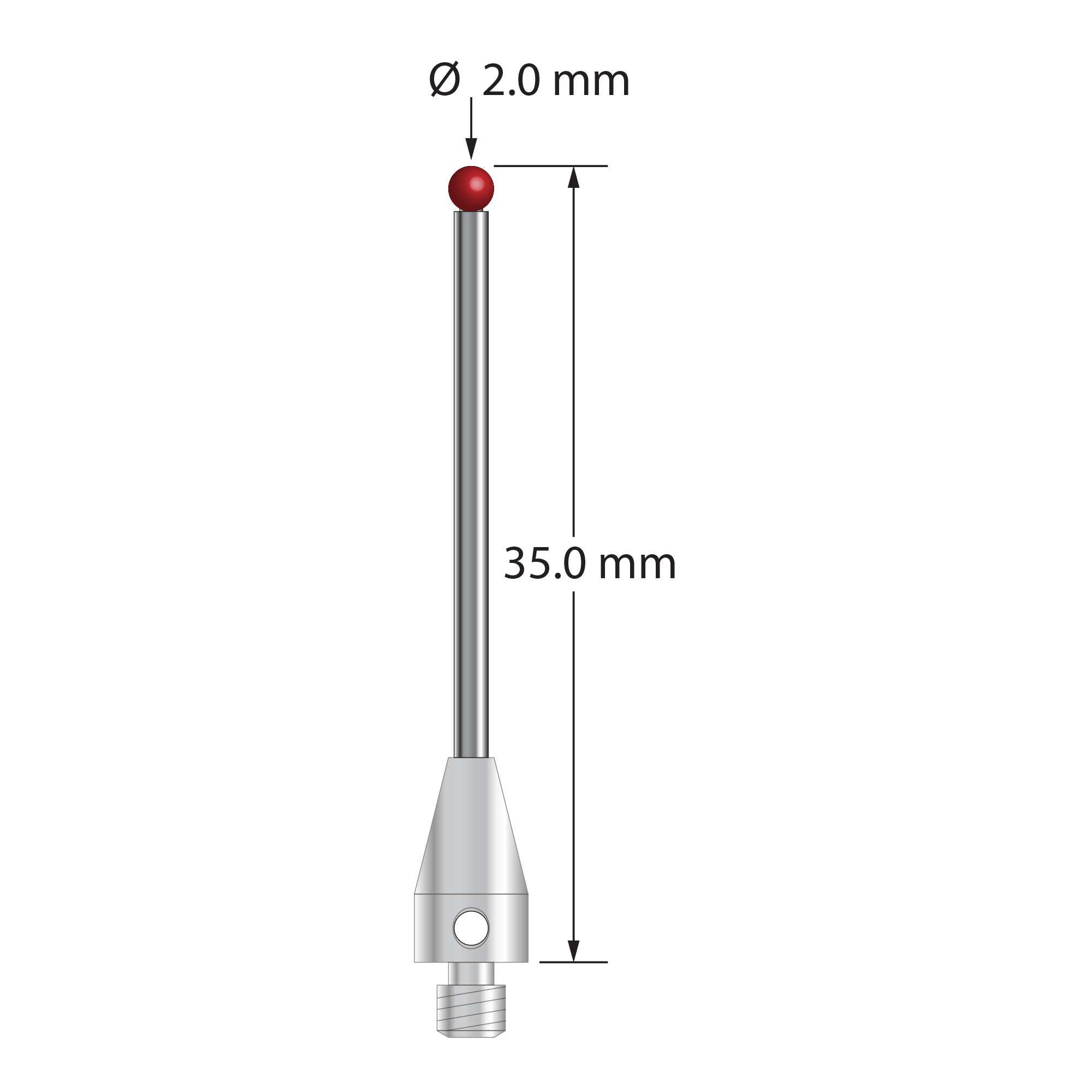 M3 XXT stylus with 2.0 mm diameter ruby ball, 1.5 mm diameter carbide stem, and 5.0 mm diameter x 9.0 mm long titanium base. Overall stylus length is 35.0 mm. Stylus weight is 1.37 grams. Compare to Zeiss 626113-0200-035.