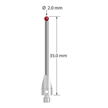 M3 XXT stylus with 2.0 mm diameter ruby ball, 1.5 mm diameter carbide stem, and 5.0 mm diameter x 9.0 mm long titanium base. Overall stylus length is 35.0 mm. Stylus weight is 1.37 grams. Compare to Zeiss 626113-0200-035.