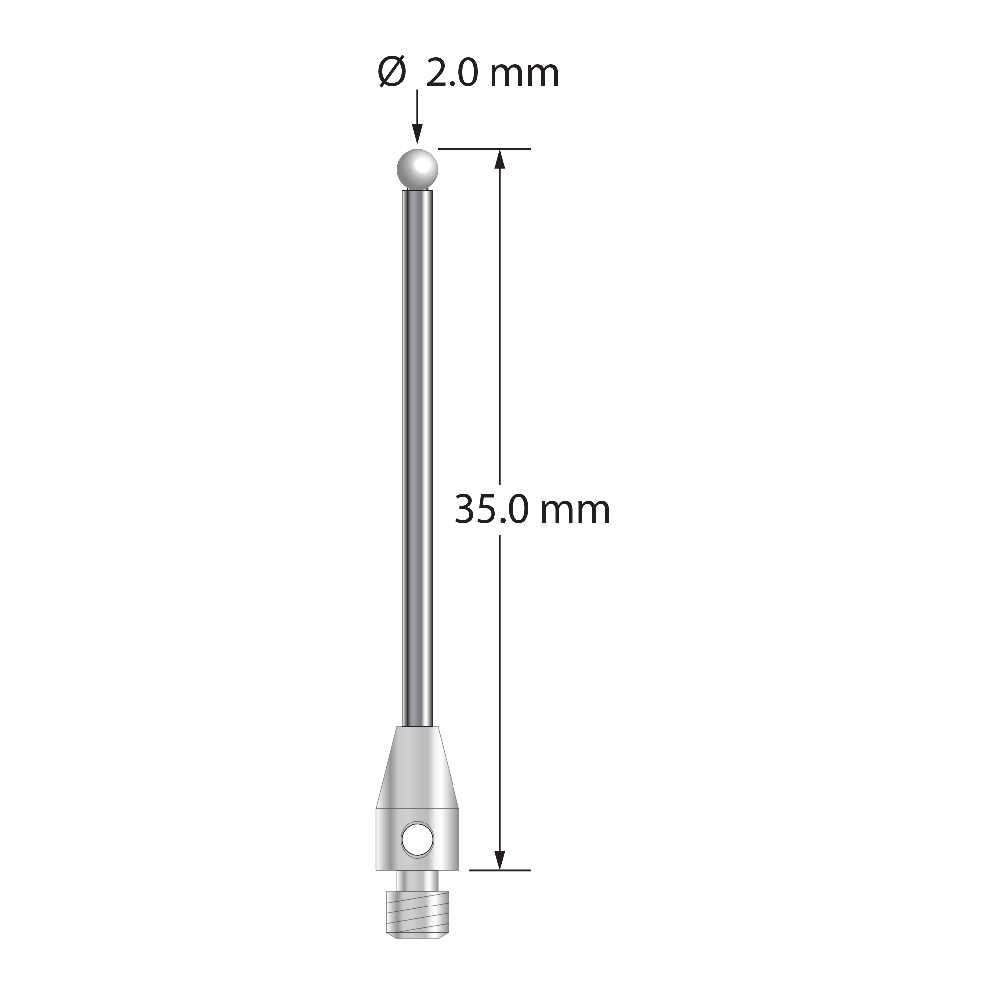 M3 stylus with 2.0 mm diameter zirconia ball, 1.5 mm diameter carbide stem, and 4.0 mm diameter x 7.0 mm long stainless steel base. Overall stylus length is 35.0 mm. Stylus weight is 1.29 grams.