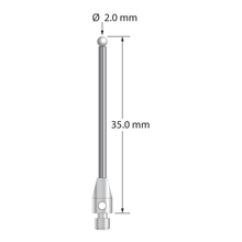 M3 stylus with 2.0 mm diameter zirconia ball, 1.5 mm diameter carbide stem, and 4.0 mm diameter x 7.0 mm long stainless steel base. Overall stylus length is 35.0 mm. Stylus weight is 1.29 grams.