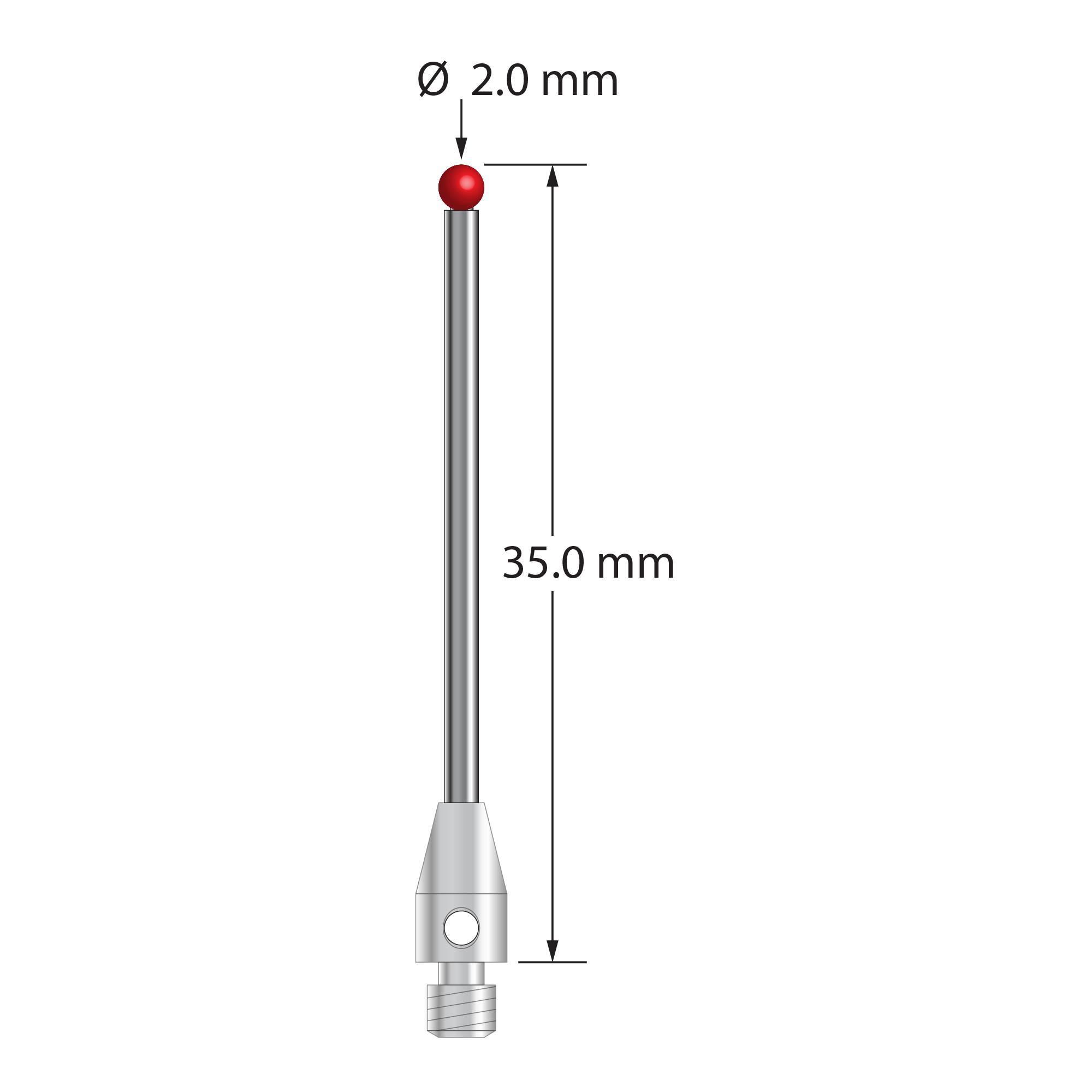 M3 stylus with 2.0 mm diameter ruby ball, 1.5 mm diameter carbide stem, and 4.0 mm diameter x 7.0 mm long stainless steel base. Overall stylus length is 35.0 mm. Stylus weight is 1.29 grams.