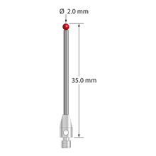 M3 stylus with 2.0 mm diameter ruby ball, 1.5 mm diameter carbide stem, and 4.0 mm diameter x 7.0 mm long stainless steel base. Overall stylus length is 35.0 mm. Stylus weight is 1.29 grams.