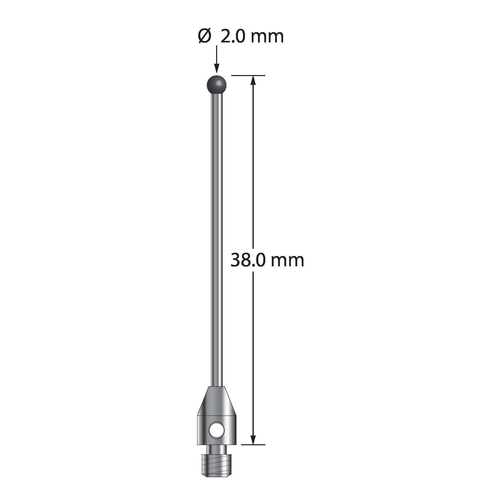 TM3-2038-DS1-SN M3 stylus with 2.0mm silicon nitride ball, carbide stem, and stainless steel base, 38.0mm long by Q-Mark Manufacturing, Inc.