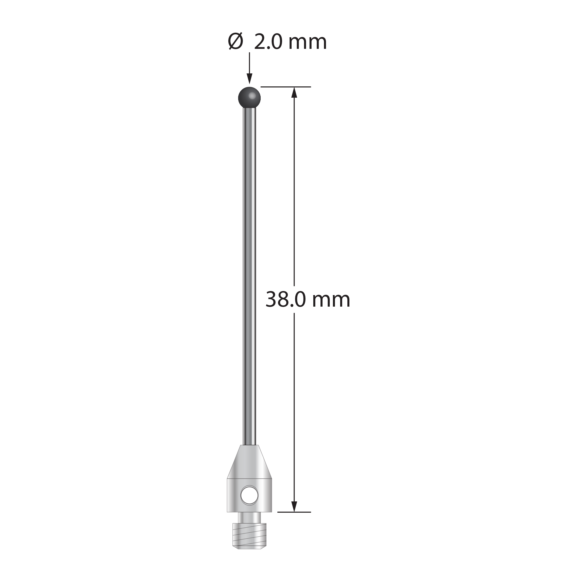 M3 stylus with 2.0 mm diameter silicon nitride ball, 1.0 mm diameter carbide stem, and 4.0 mm diameter by 6.0 mm long stainless steel base. Overall stylus length is 38.0 mm. Stylus weight is 0.81 gram. Compare to Zeiss 626123-0245-038.