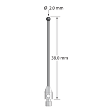M3 stylus with 2.0 mm diameter silicon nitride ball, 1.0 mm diameter carbide stem, and 4.0 mm diameter by 6.0 mm long stainless steel base. Overall stylus length is 38.0 mm. Stylus weight is 0.81 gram. Compare to Zeiss 626123-0245-038.