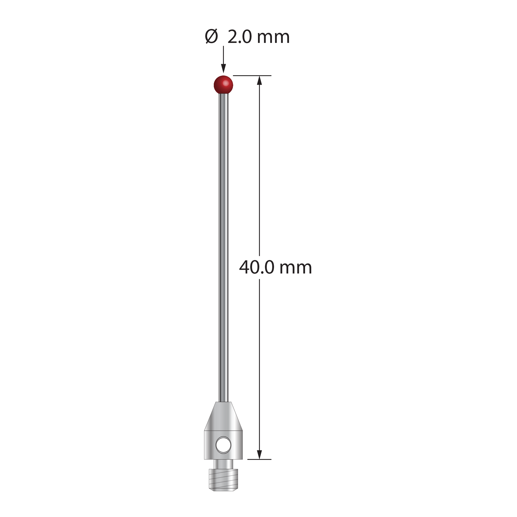 M3 stylus with 2.0 mm diameter ruby ball, 1.0 mm diameter carbide stem, and 4.0 mm diameter x 6.0 mm long stainless steel base. Overall stylus length is 40.0 mm. Stylus weight is 1.31 grams. Compare to Zeiss 626123-0244-040.