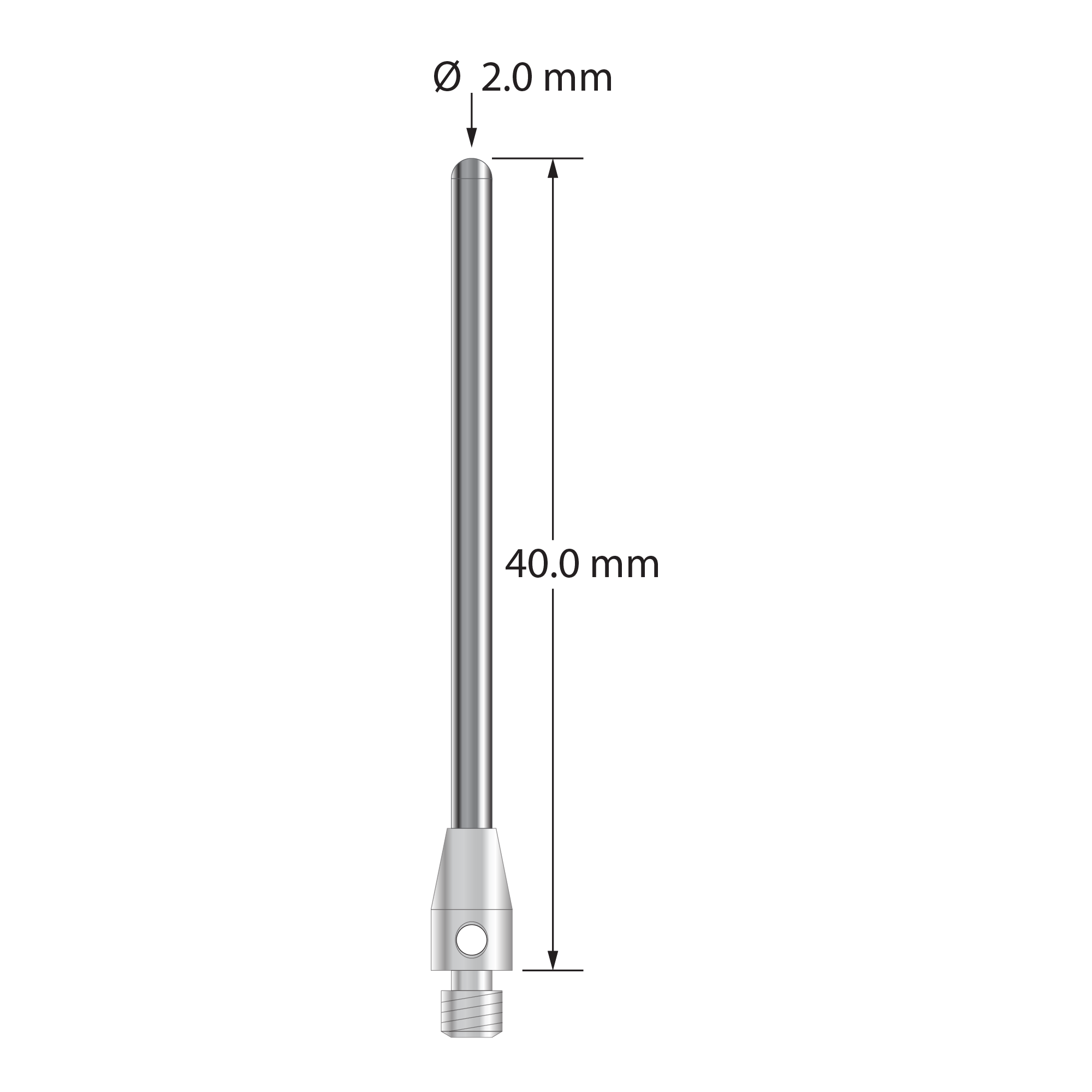M3 cylinder stylus with 2.0 mm diameter carbide cylinder and 4.0 mm diameter x 7.0 mm long stainless steel base. Overall stylus length is 40.0 mm. Stylus weight is 2.04 grams.