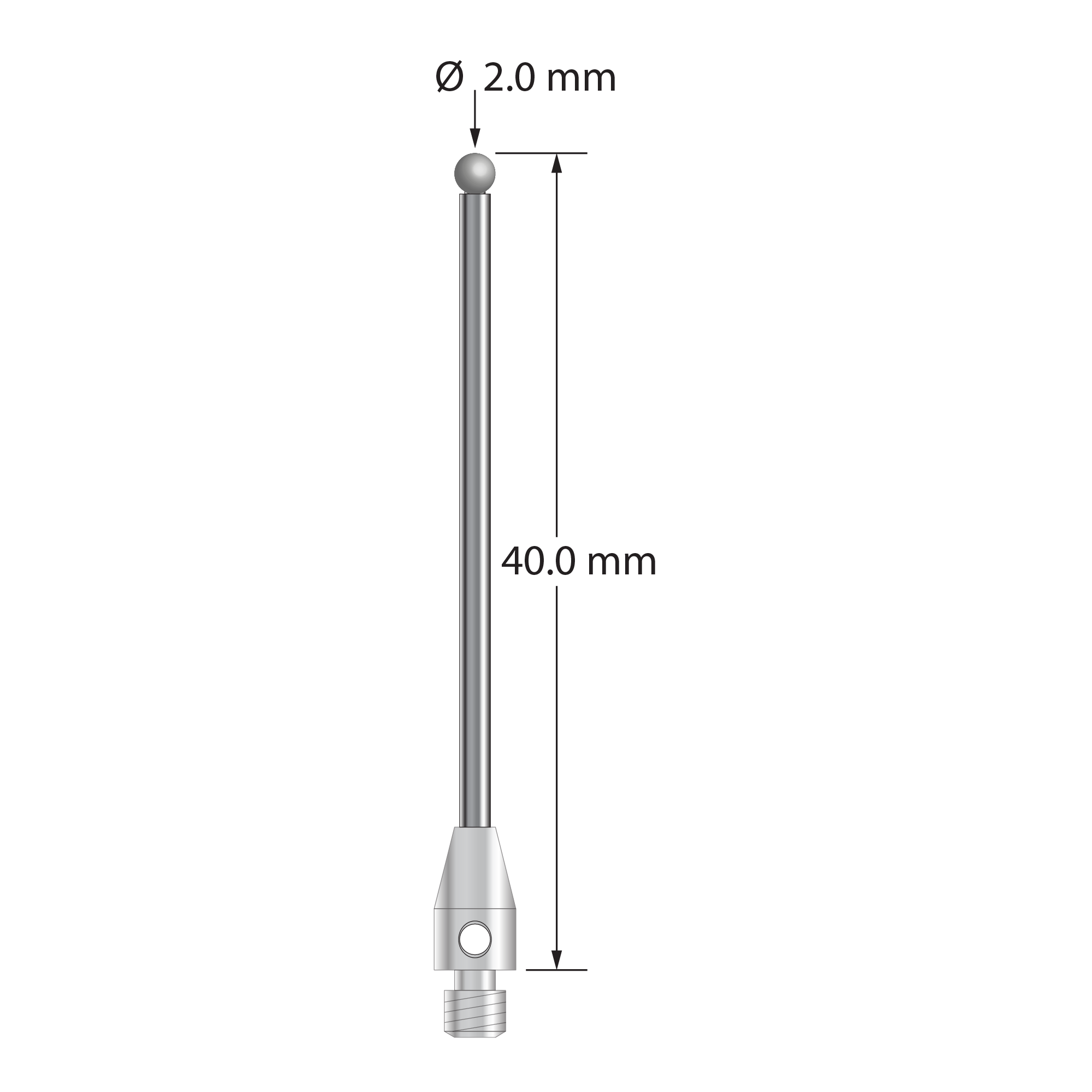 M3 stylus with 2.0 mm diameter diamond sphere, 1.5 mm diameter carbide stem, and 4.0 mm diameter x 7.0 mm long stainless steel base. Overall stylus length is 40.0 mm. Stylus weight is 1.15 grams.