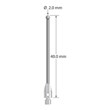 M3 stylus with 2.0 mm diameter diamond sphere, 1.5 mm diameter carbide stem, and 4.0 mm diameter x 7.0 mm long stainless steel base. Overall stylus length is 40.0 mm. Stylus weight is 1.15 grams.