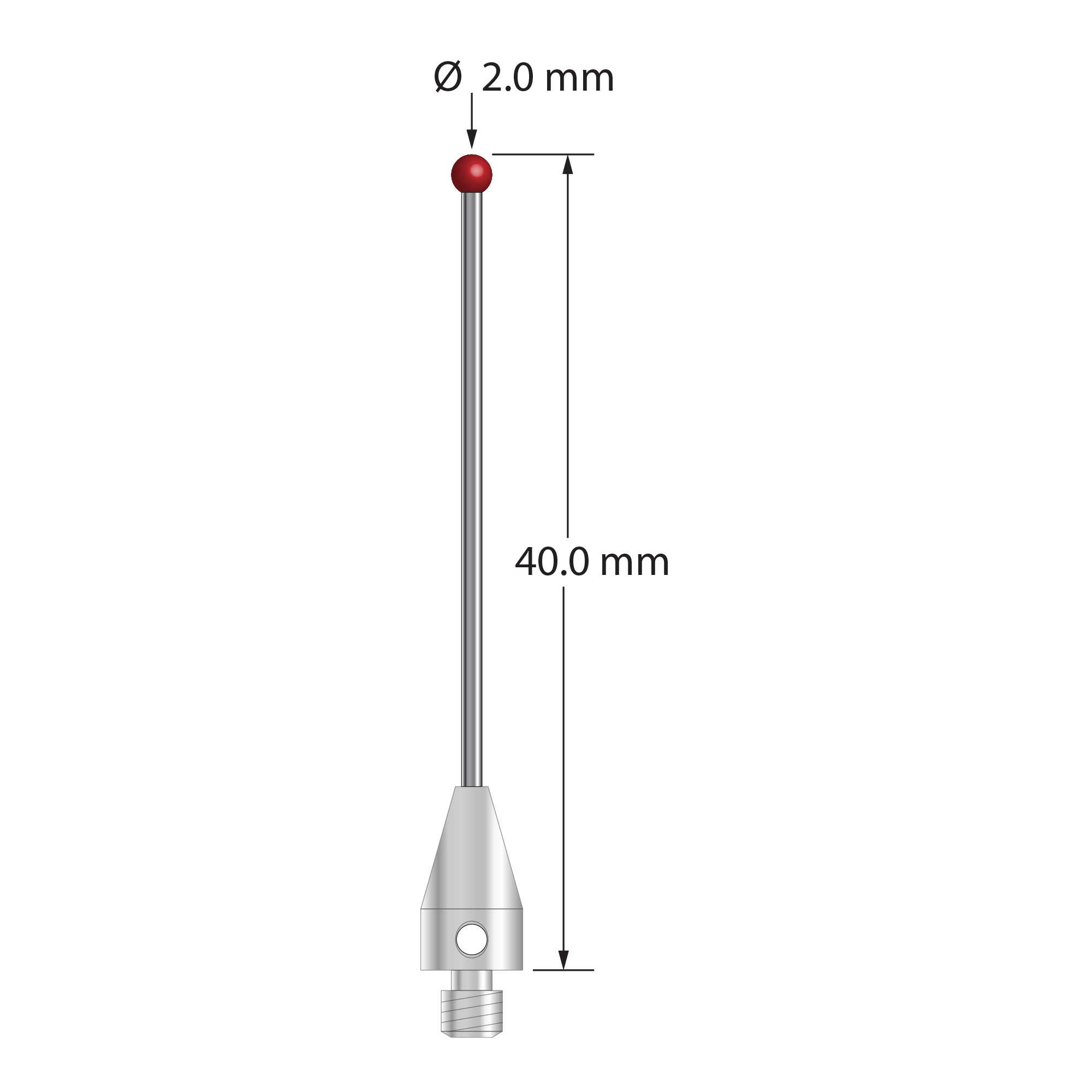 M3 XXT stylus with 2.0 mm diameter ruby ball, 1.0 mm diameter carbide stem, and 5.0 mm diameter x 9.0 mm long titanium base. Overall stylus length is 40.0 mm. Stylus weight is 1.49 grams. Compare to Zeiss 626113-0202-040.