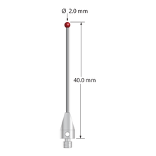 M3 XXT stylus with 2.0 mm diameter ruby ball, 1.0 mm diameter carbide stem, and 5.0 mm diameter x 9.0 mm long titanium base. Overall stylus length is 40.0 mm. Stylus weight is 1.49 grams. Compare to Zeiss 626113-0202-040.
