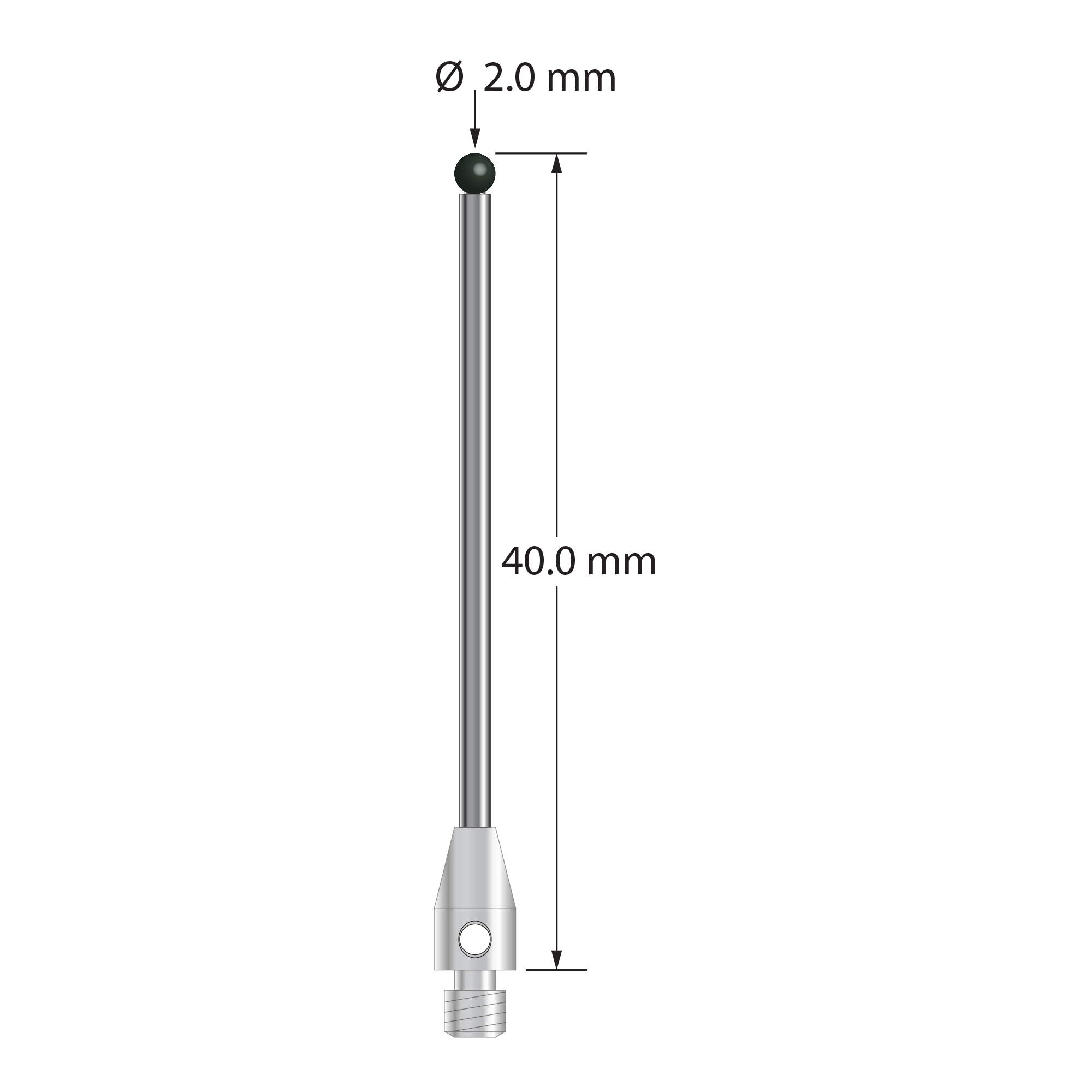M3 stylus with 2.0 mm diameter silicon nitride ball, 1.5 mm diameter carbide stem, and 4.0 mm diameter x 7.0 mm long stainless steel base. Overall stylus length is 40.0 mm. Stylus weight is 1.48 grams.