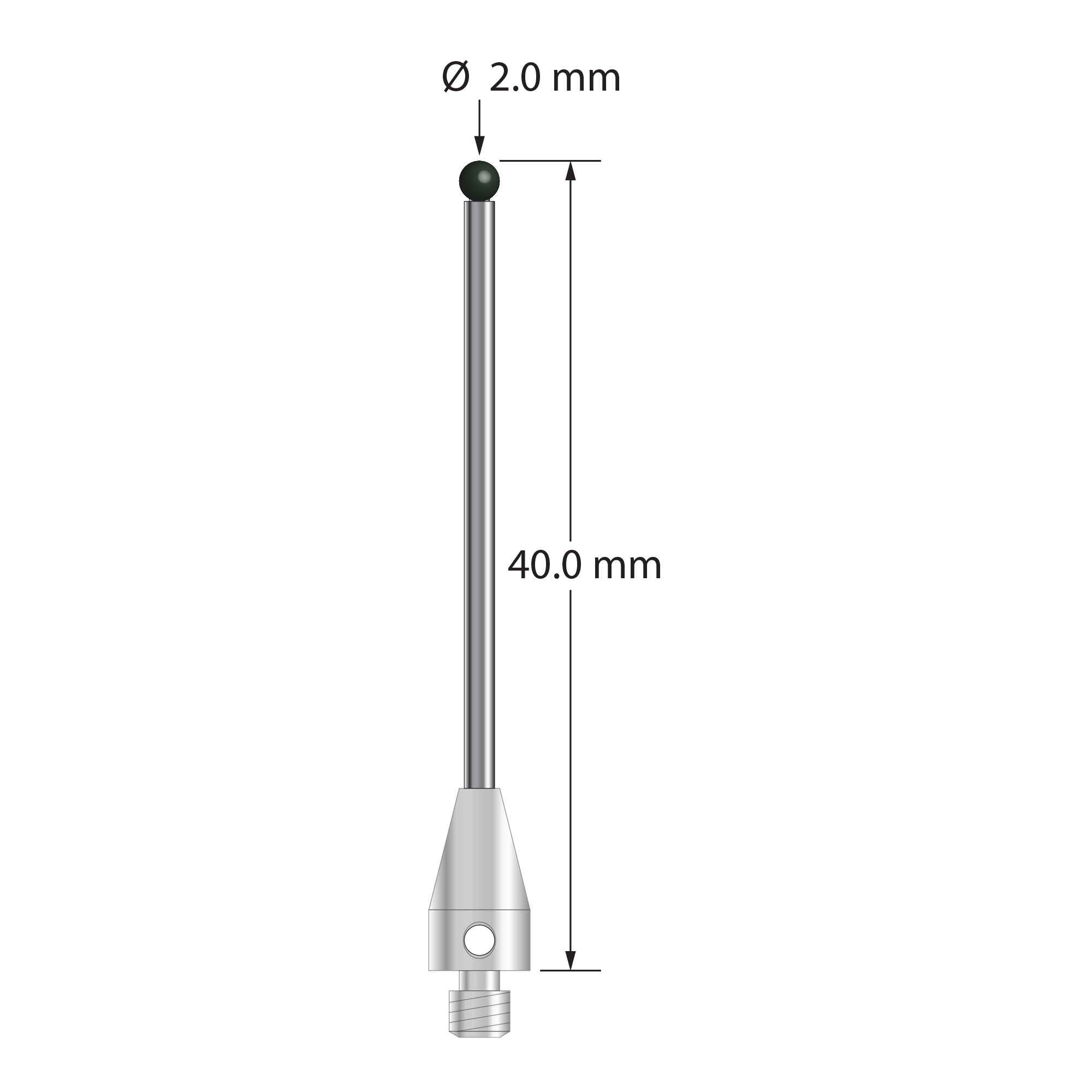 M3 XXT stylus with 2.0 mm diameter silicon nitride ball, 1.5 mm diameter carbide stem, and 5.0 mm diameter x 9.0 mm long titanium base. Overall stylus length is 40.0 mm. Stylus weight is 1.49 grams. Compare to Zeiss 626113-0203-040.