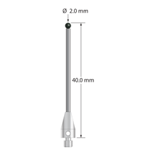 M3 XXT stylus with 2.0 mm diameter silicon nitride ball, 1.5 mm diameter carbide stem, and 5.0 mm diameter x 9.0 mm long titanium base. Overall stylus length is 40.0 mm. Stylus weight is 1.49 grams. Compare to Zeiss 626113-0203-040.