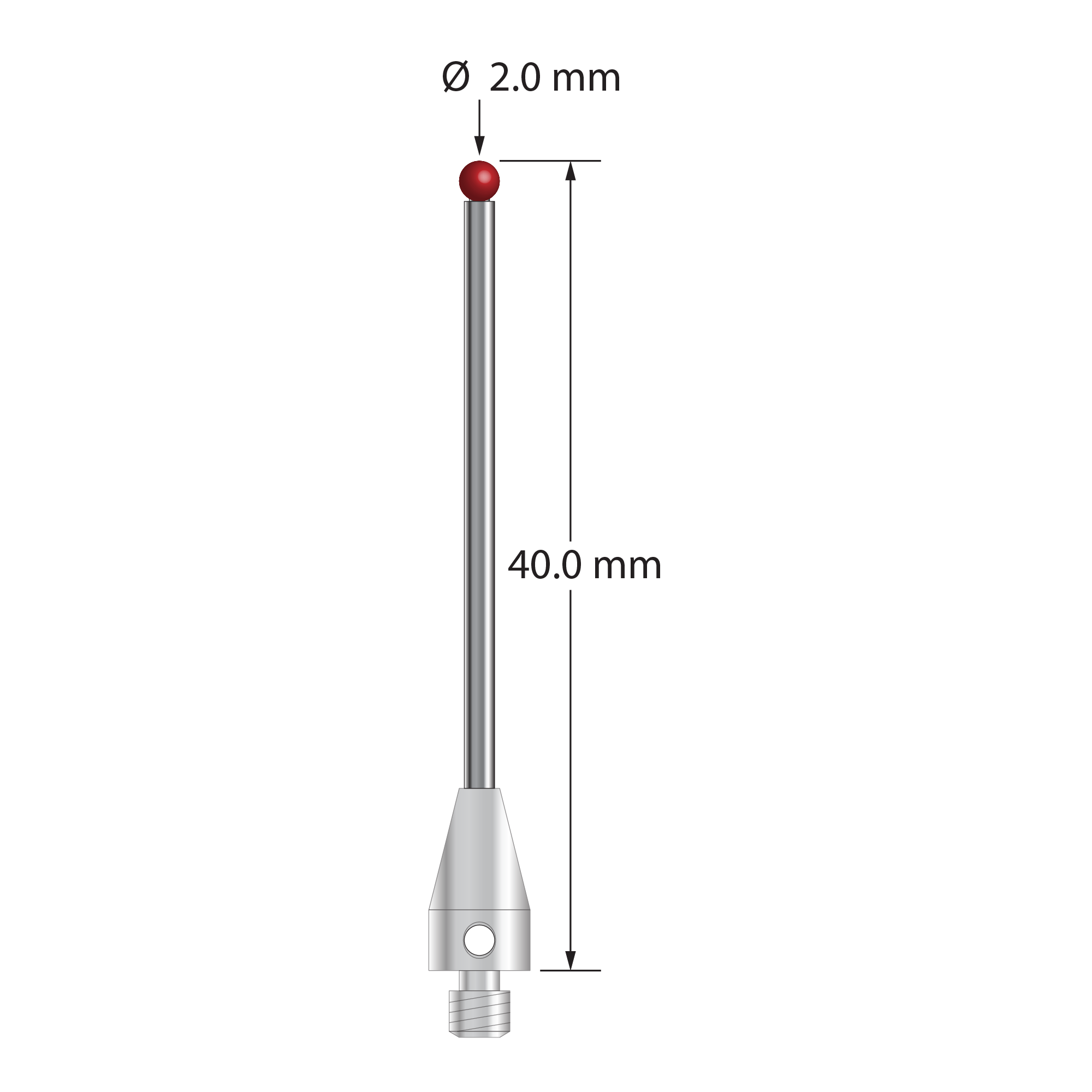 M3 XXT stylus with 2.0 mm diameter ruby ball, 1.5 mm diameter carbide stem, and 5.0 mm diameter x 9.0 mm long titanium base. Overall stylus length is 40.0 mm. Stylus weight is 1.49 grams. Compare to Zeiss 626113-0201-040.