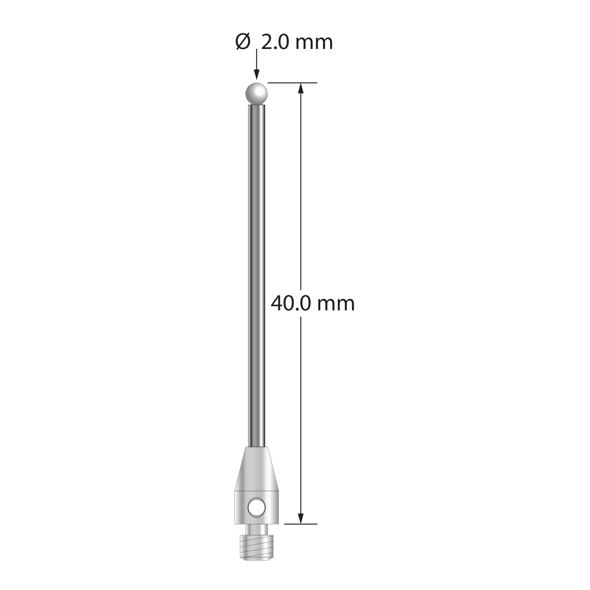 M3 stylus with 2.0 mm diameter zirconia ball, 1.5 mm diameter carbide stem, and 4.0 mm diameter x 7.0 mm long stainless steel base. Overall stylus length is 40.0 mm. Stylus weight is 1.48 grams.
