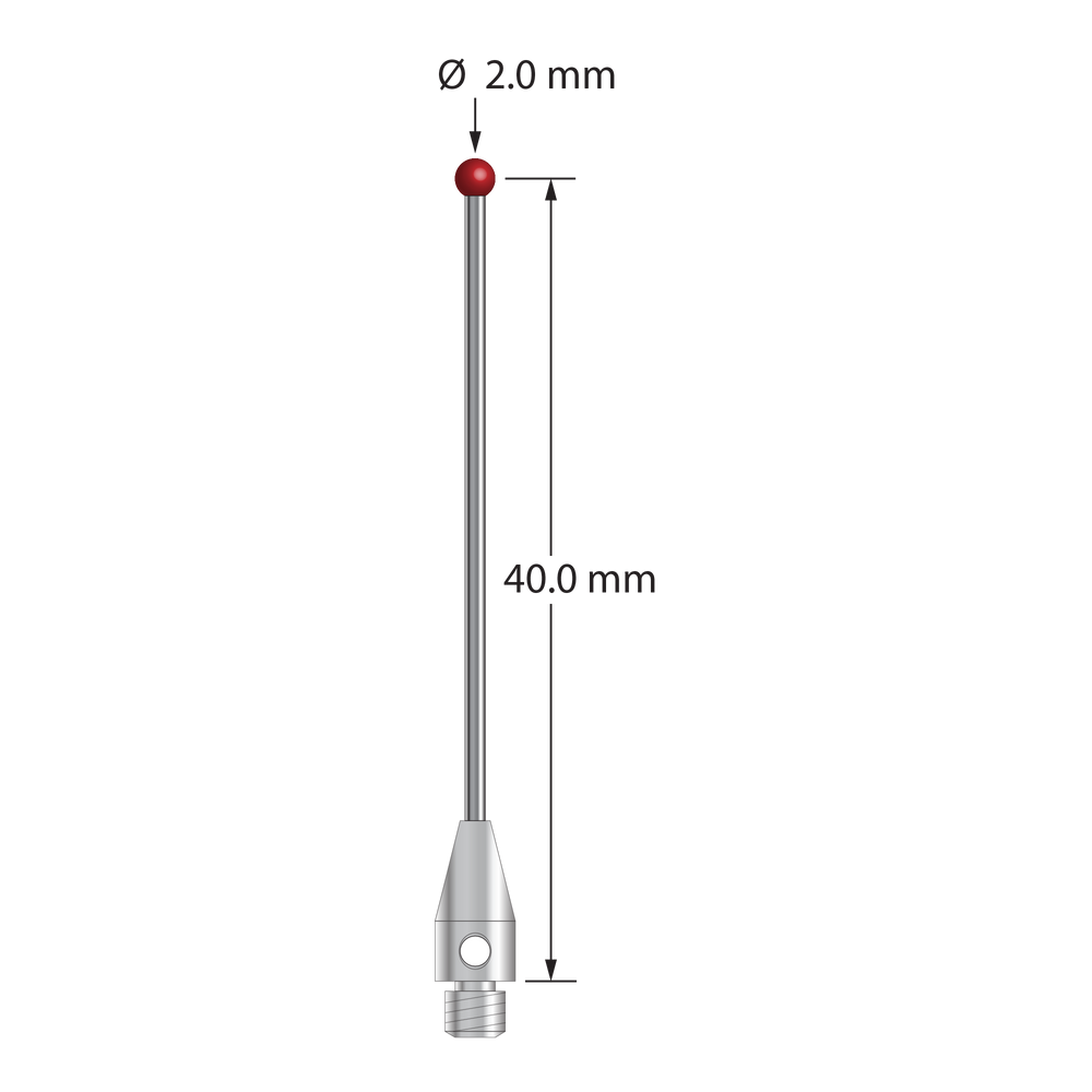 M3 stylus with 2.0 mm diameter ruby ball, 1.0 mm diameter carbide stem, and 4.0 mm diameter x 8.0 mm long stainless steel base. Stylus length to ball center is 40.0 mm. &nbsp;Stylus weight is 1.50 grams. &nbsp;Compare to Hexagon 03969433.
