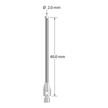 M3 stylus with 2.0 mm diameter zirconia ball, 1.5 mm diameter carbide stem, and 4.0 mm diameter x 7.0 mm long stainless steel base. Stylus length to ball center is 40.0 mm. Stylus weight is 1.50 grams.