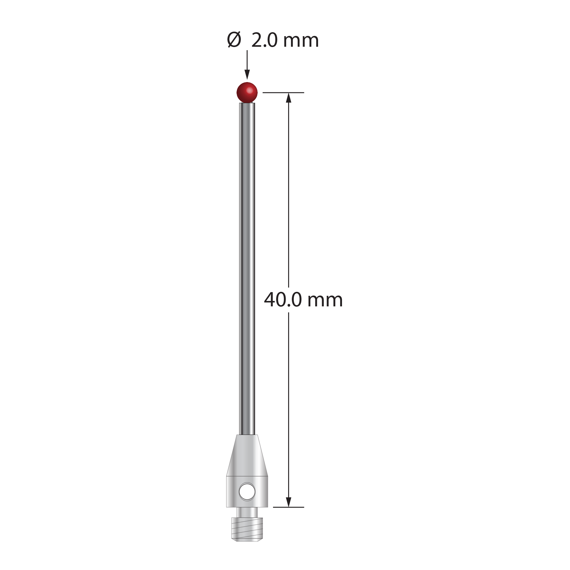 M3 stylus with 2.0 mm diameter ruby ball, 1.5 mm diameter carbide stem, and 4.0 mm diameter x 7.0 mm long stainless steel base. Stylus length to ball center is 40.0 mm. Stylus weight is 1.50 grams. Compare to Renishaw A-5003-0053 and Mitutoyo K651127.