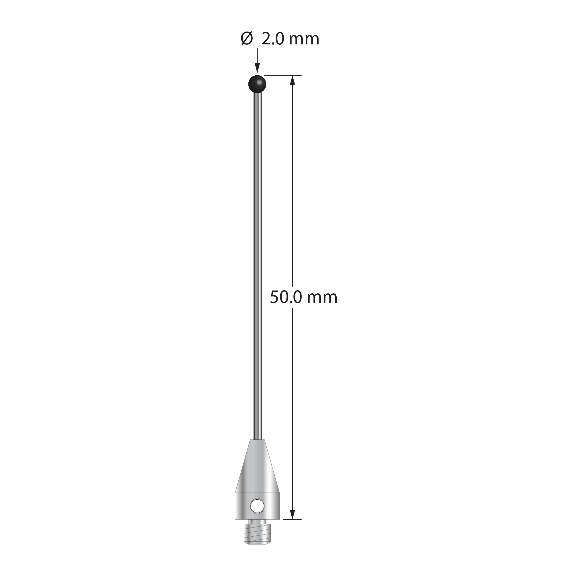 TM3-2050-DS1-TX-SN M3 2.0mm silicon nitride stylus with carbide stem and titanium base, 50mm long.