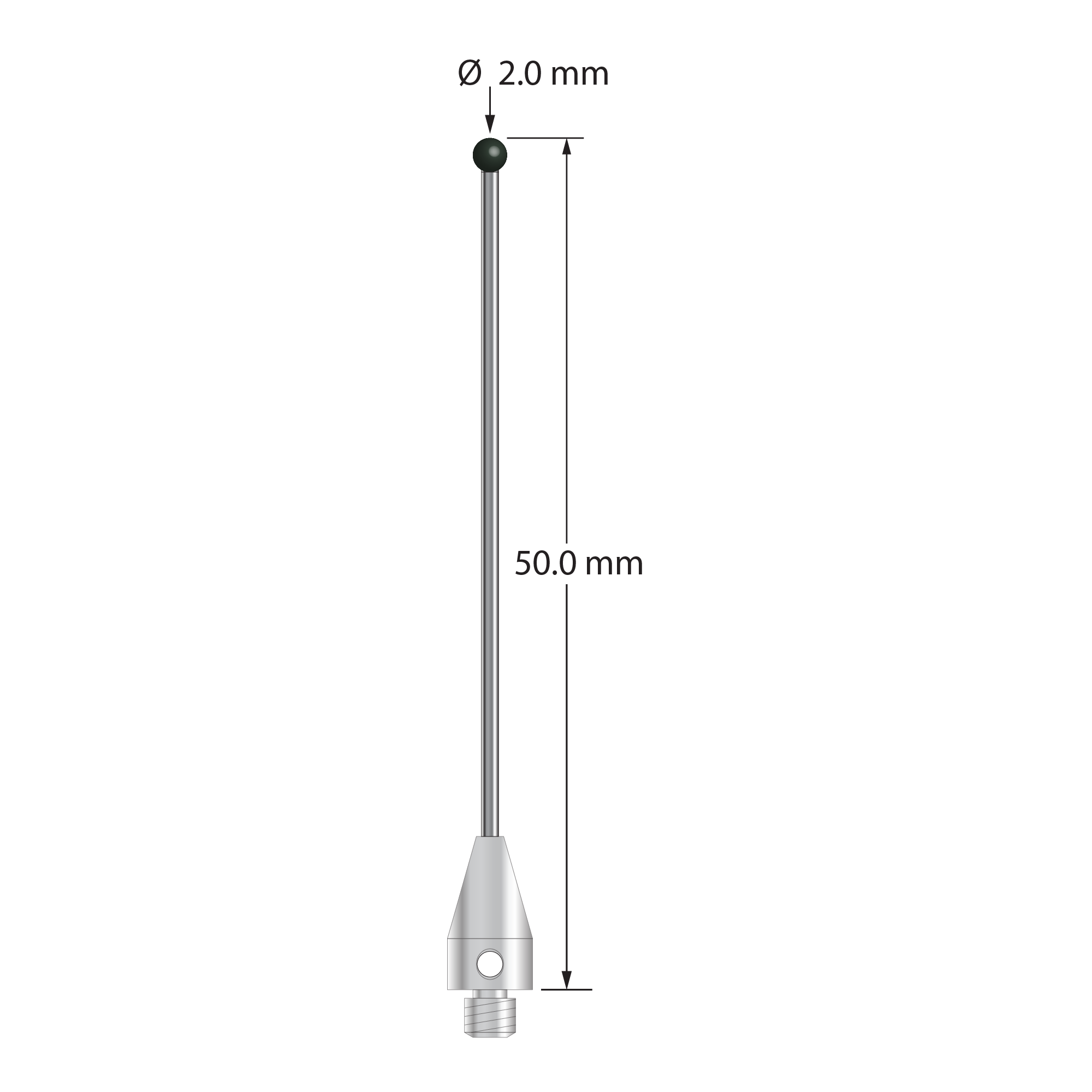 M3 XXT stylus with 2.0 mm diameter silicon nitride ball, 1.0 mm diameter carbide stem, and 5.0 mm diameter x 9.0 mm long titanium base. Overall stylus length is 50.0 mm. Stylus weight is 1.59 grams. Compare to Zeiss 626113-0205-050.