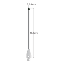 M3 XXT stylus with 2.0 mm diameter silicon nitride ball, 1.0 mm diameter carbide stem, and 5.0 mm diameter x 9.0 mm long titanium base. Overall stylus length is 50.0 mm. Stylus weight is 1.59 grams. Compare to Zeiss 626113-0205-050.