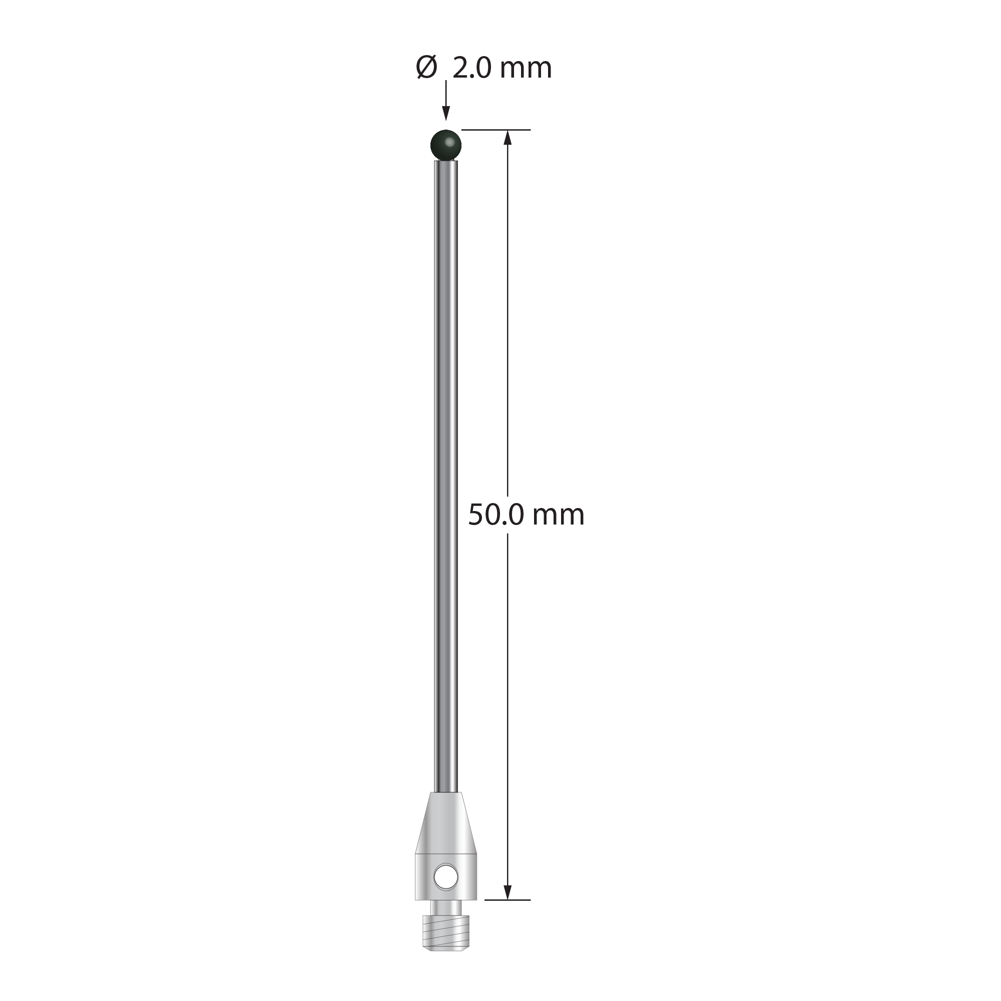 M3 stylus with 2.0 mm diameter silicon nitride ball, 1.5 mm diameter carbide stem, and 4.0 mm diameter x 7.0 mm long stainless steel base. Overall stylus length is 50.0 mm. Stylus weight is 1.73 grams.