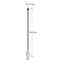 M3 stylus with 2.0 mm diameter silicon nitride ball, 1.5 mm diameter carbide stem, and 4.0 mm diameter x 7.0 mm long stainless steel base. Overall stylus length is 50.0 mm. Stylus weight is 1.73 grams.