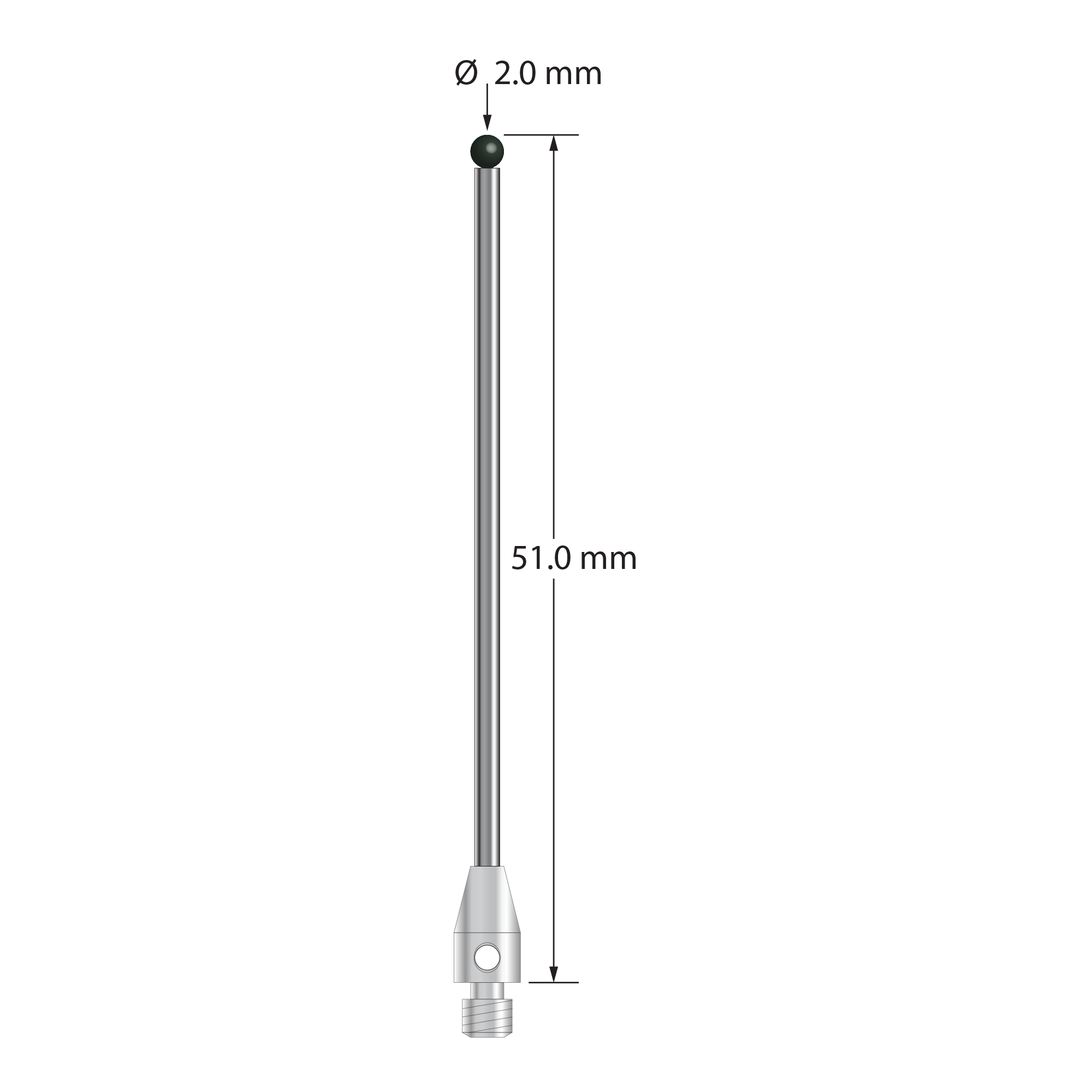 M3 stylus with 2.0 mm silicon nitride ball, 1.5 mm diameter carbide stem, and 4.0 mm diameter x 7.0 mm long stainless steel base. Overall stylus length is 51.0 mm. Stylus weight is 1.75 grams.